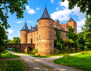 A majestic medieval fortress with turrets and a moat, surrounded by lush greenery, capturing the history of a bygone era
