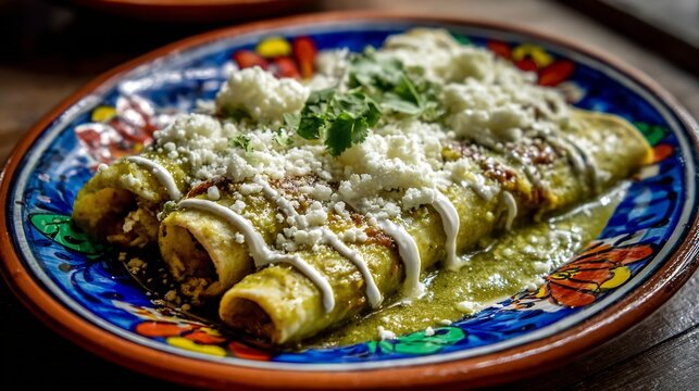 Mexican enchiladas verde smothered green tomatillo sauce topped with crumbled queso fresco and crema served on a vibrant Talavera plate
