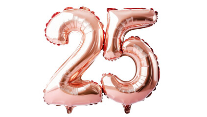 A vibrant. reflective pair of rose gold balloons shaped as the number 25. set against a clean white background. ideal for celebrating anniversaries or milestone birthdays