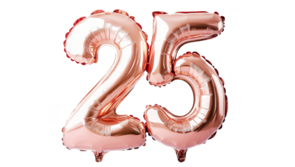 A vibrant. reflective pair of rose gold balloons shaped as the number 25. set against a clean white background. ideal for celebrating anniversaries or milestone birthdays