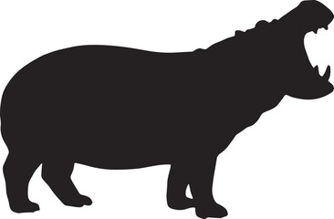 Hippopotamus Roaring Silhouette Side View – Open-Mouth Aggressive Hippo Vector Illustration, Isolated on Transparent Background