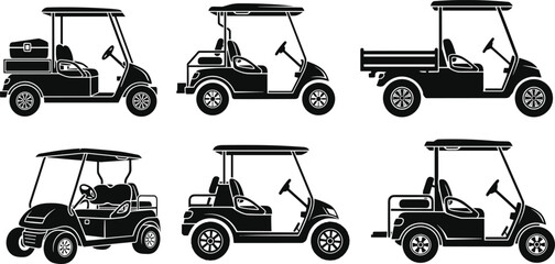 Golf Cart Silhouette Vector Set Featuring Multiple Utility Designs, Seating Configurations, and Equipment Styles in Black and White Icons