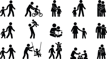 Parent and Child Silhouette Vector Set Depicting Care, Bonding, and Activities in Black and White Family Relationship Icons
