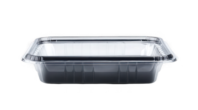 A clear plastic rectangular food container with a lid on a black background in a studio shot