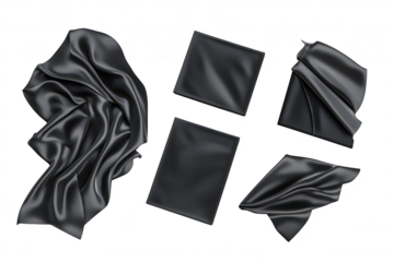 A collection of elegantly draped and folded black satin fabric pieces arranged artistically on a clean white background. ideal for textile designs or fashion concepts