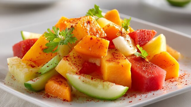 Mexican ensalada de frutas papaya mango jicama and watermelon sprinkled with chili powder and lime juice on a white plate