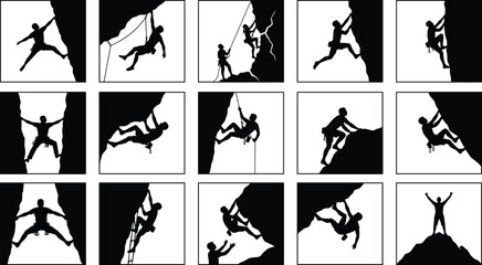 Set of Rock Climber Silhouettes in Dynamic Poses for Adventure Sports, Outdoor Challenge, Fitness Motivation, and Graphic Design