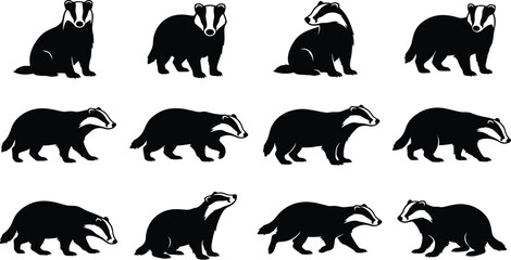 Set of Badger Silhouette Vector Illustrations in Various Poses, Black and White Wildlife Animal Icons for Nature and Design Use