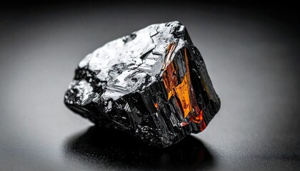 Close-up of a rough-hewn, dark, reflective mineral on a dark surface