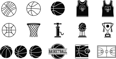 Set of Basketball Silhouette Icons Featuring Balls, Jerseys, Hoops, Trophies, Court Diagrams, and Sports Equipment for Graphic Design © MstParul