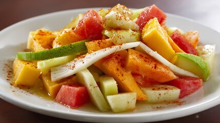 Mexican ensalada de frutas papaya mango jicama and watermelon sprinkled with chili powder and lime juice on a white plate