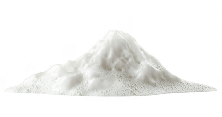 A close-up view of a white. foamy mound resembling a mountain. set against a clean white background. ideal for textures in food photography or product design