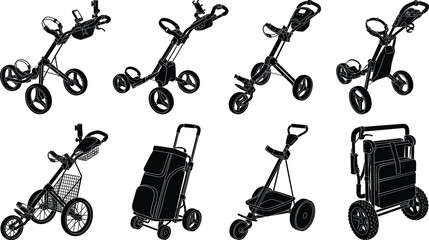 Silhouette collection of utility and sports carts including golf, shopping, and transport designs for mobility, equipment, and lifestyle themes