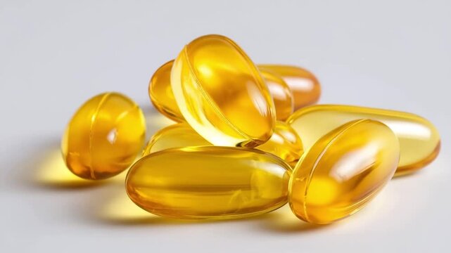 Yellow omega 3 fish oil capsules on a white background