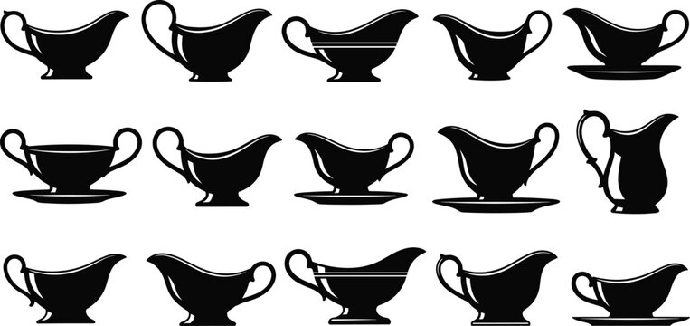 Silhouette collection of gravy boat designs featuring classic, ornate, and modern styles for dining, kitchenware, culinary, and serving themes
