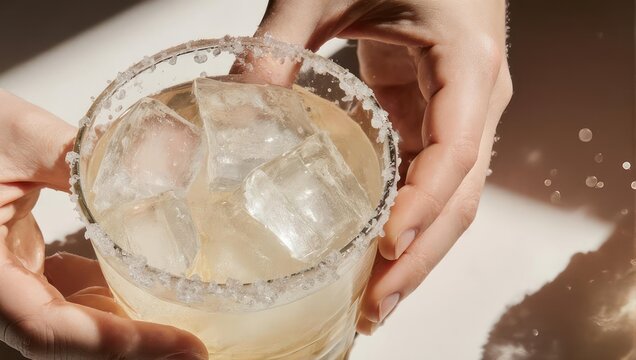 Hands holding a refreshing cocktail with ice and a salted rim.