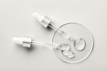 Two droppers applying clear hyaluronic acid gel. Color of the Year concept