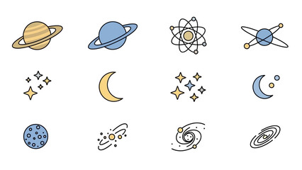 Fototapeta premium Collection of Colorful Space Icons - Planets, Stars, Moon, Galaxy.