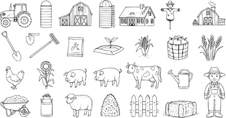 Hand-drawn black and white farm elements vector collection with tractor, animals, farmer, barn, crops, and tools. Agriculture and rural life concept clip art. © evalova