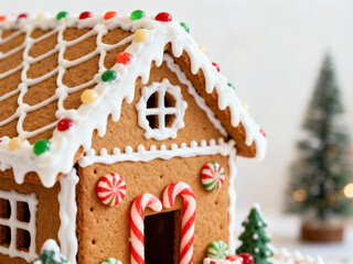 A beautifully constructed and decorated gingerbread house adorned with colorful gumdrops, striped candy canes, white royal icing, and a candy window on a festive holiday background.