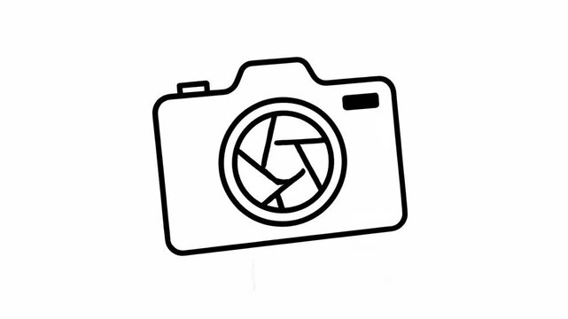 Camera illustration, showcasing a modern digital single-lens reflex (DSLR) style outline, in black against a clean white background, simple graphic style.