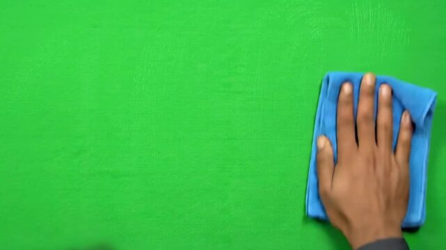 Close-up Of Hand Wiping A Textured Green Surface With A Blue Microfiber Cloth And Spray Bottle