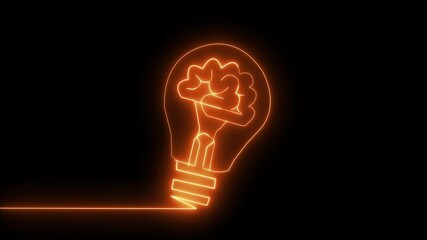 Glowing neon head icon animation with black background.A glowing lightbulb Symbol for creative and thinking idea brain, brainstorm, bright, bulb, business, communication, concept thinking .