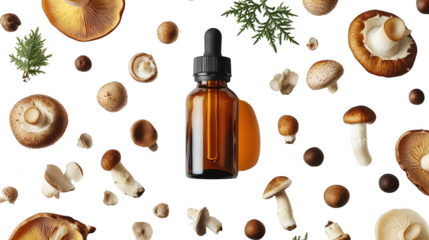 A flat lay composition featuring an amber glass dropper bottle surrounded by various types of mushrooms and green foliage. creating a natural and organic aesthetic ideal for wellness and herbal produc