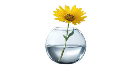 A single yellow daisy in a round glass vase filled with water on a black background in a studio shot on transparent background