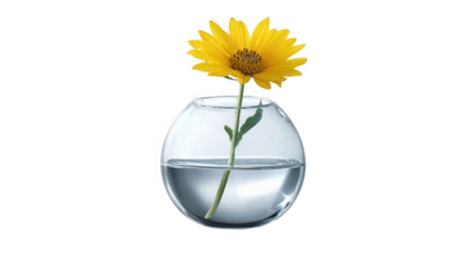 A single yellow daisy in a round glass vase filled with water on a black background in a studio shot on transparent background