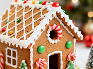 A beautifully constructed and decorated gingerbread house adorned with colorful gumdrops, striped candy canes, white royal icing, and a candy window on a festive holiday background.