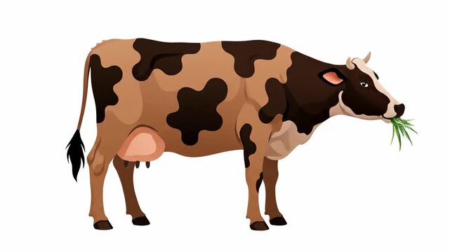 Brown and black cow eating green grass, isolated on white background, looking down, farm animal, cartoon-style illustration, graphic vector design, illustration, dairy cow.
