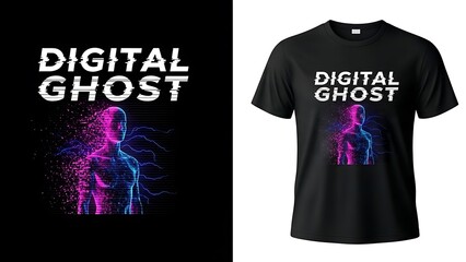 Digital ghost glitch design on black t shirt representing fragmented futuristic human figure technology