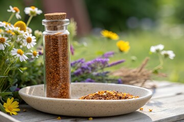 A small glass vial filled with golden bee pollen granules stands upright in a shallow ceramic dish on a rustic wooden surface surrounded by wildflowers in a garden setting