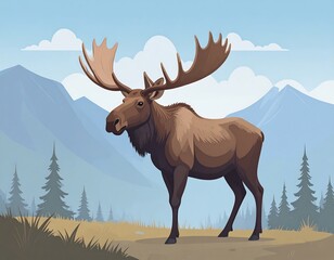 A majestic moose stands proudly in a mountainous landscape, with trees and clouds against a blue sky