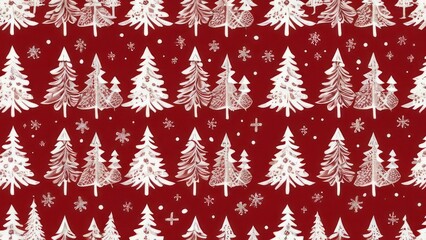 Christmas tree seamless pattern in a snowy winter forest for holiday design. Christmas tree background with trees in a snowy winter landscape for holiday and New Year decoration. 