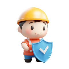 A cheerful construction worker wearing a yellow hard hat and safety vest holds a blue shield with a checkmark. symbolizing safety and protection on a construction site