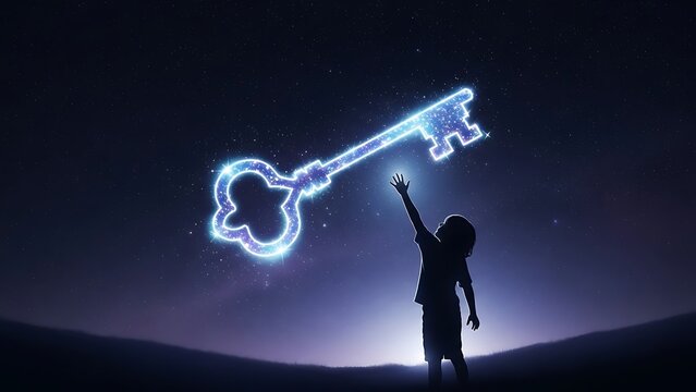 Young child reaching for a glowing ethereal key in the night sky, symbolizing dreams and the unlocking of future potential