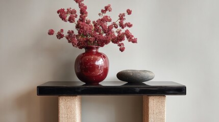 Red vase with small red flowers in it sitting on a black wooden table. the vase is round and has a glossy finish. next to the vase, there is a small black stone with a smooth surface.