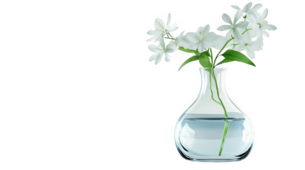 White flowers with green leaves in a clear glass vase against a black background still life image on transparent background