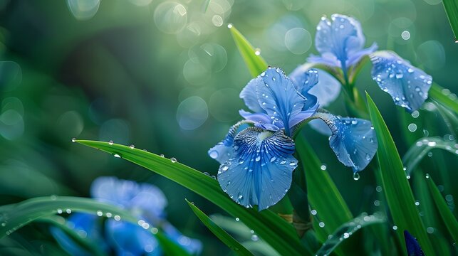 Blue Iris Flowers With Dew Drops In Green Garden Morning Light Close Up