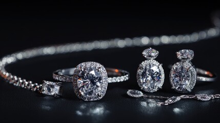 Elegant diamond jewelry collection displayed on a dark surface showcasing luxury and sophistication