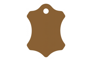 Brown leather label tag icon symbolizing genuine quality material and artisan craftsmanship for products, transparent background