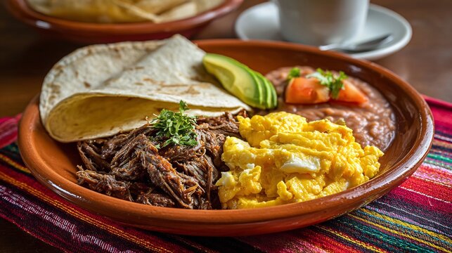 Hearty Mexican Machaca con Huevo Breakfast with Shredded Beef, Scrambled Eggs, Warm Tortillas, Refried Beans, and Fresh Avocado, Presented on a Vibrant Cloth.