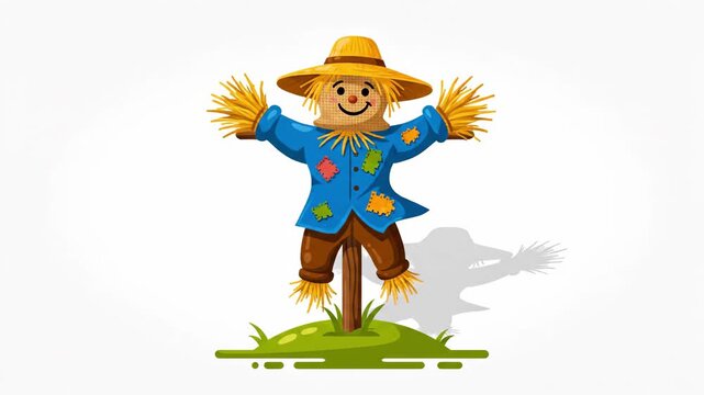 Scarecrow with a yellow hat and a blue shirt on a white background, with outstretched arms filled with straw, a symbol of autumn and harvest season.