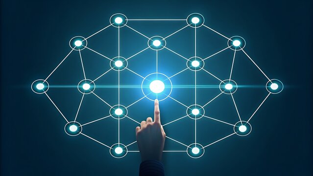 Finger touching glowing network node for seamless digital connection concept