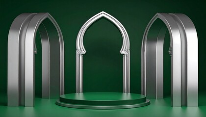 Elegant teal and  Islamic display stage with arches, pillars, perfect for festive events.