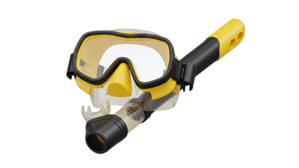 Yellow and white snorkeling mask with black tube and adjustable strap isolated on transparent background for underwater exploration and water sports accessory
