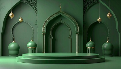 Elegant teal and  Islamic display stage with arches, pillars, perfect for festive events.