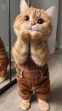 Un adorable gato atigrado naranja vestido con unos pantalones de trabajo, posando con las patitas levantadas.